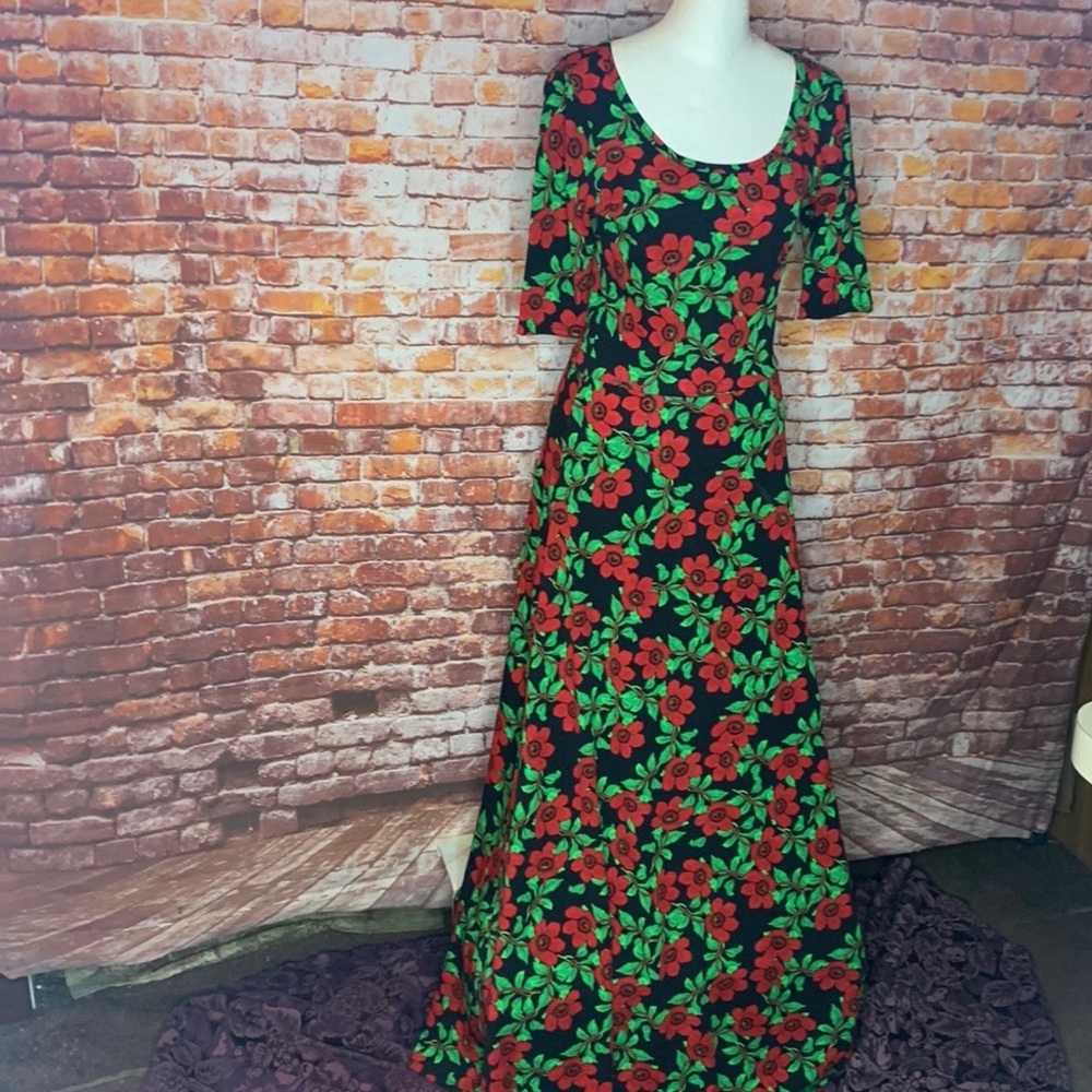 Lularoe Short Sleeved Floral Red, Black, and Green Ana Maxi Dress